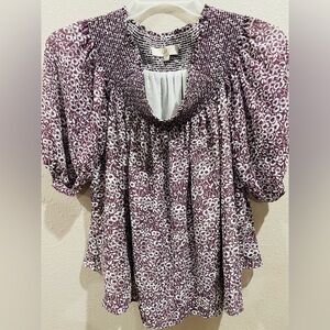 LOFT Plum and White Floral Smocked Yoke Peasant Blouse